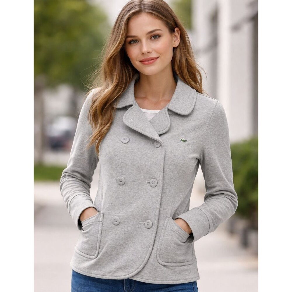 Lacoste Gray Double Breasted Cotton Peacoat Jacket Womens  Sz 36 Small 6